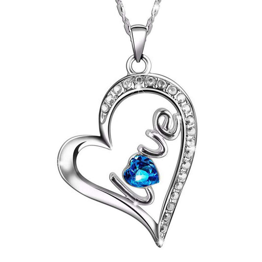 Crystals Sapphire LOVE Pave Heart Necklace