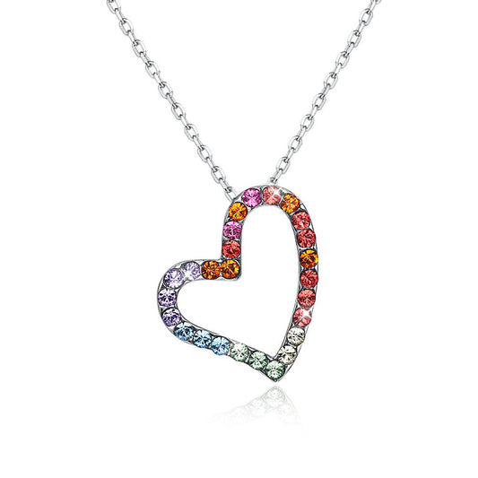 Rainbow Heart Sterling Silver Necklace with Crystals